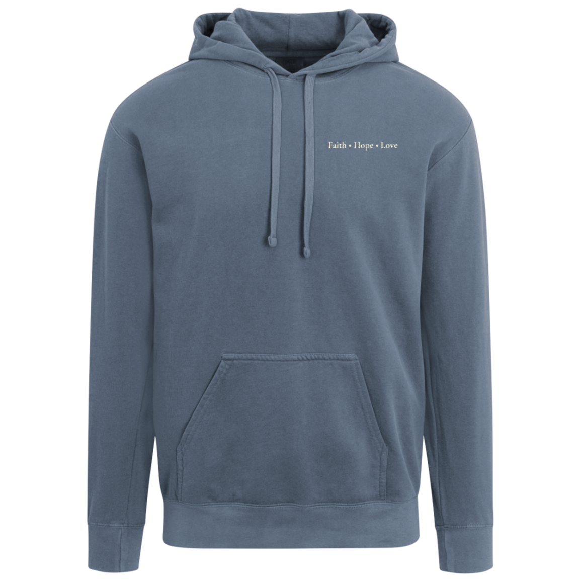 Front of Blue Jean Comfort Colors Christian hoodie featuring a small Faith Hope Love left chest design.