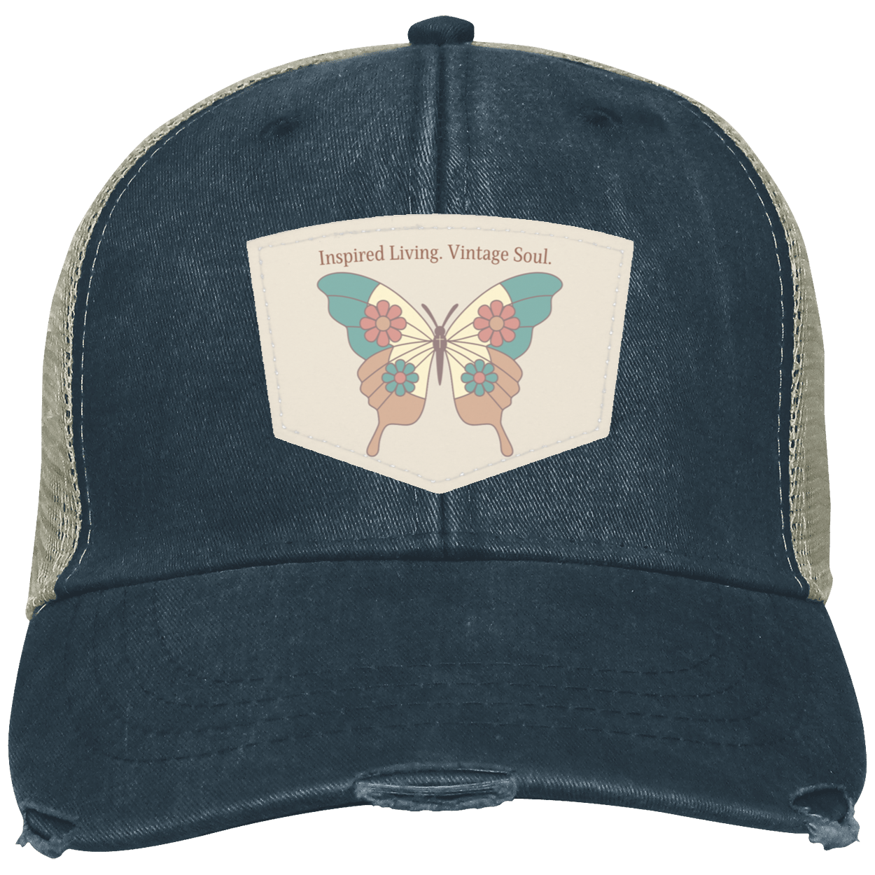 Inspired Living Vintage Soul Signature Vintage Butterfly patch hat featuring an exclusive butterfly design on a premium vegan leather patch with a distressed navy trucker cap and adjustable snapback closure. 