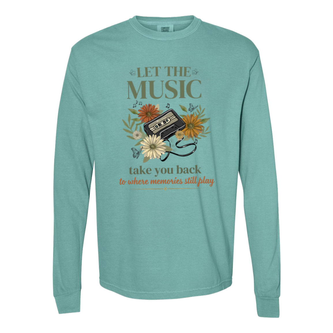 Comfort Colors Seafoam long sleeve shirt featuring the "Let the Music Take You Back to Where Memories Still Play" vintage floral cassette design.