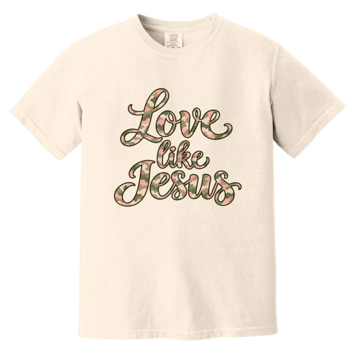 Ivory Comfort Colors tee with Love Like Jesus script in pink, sage, cream, and taupe camouflage