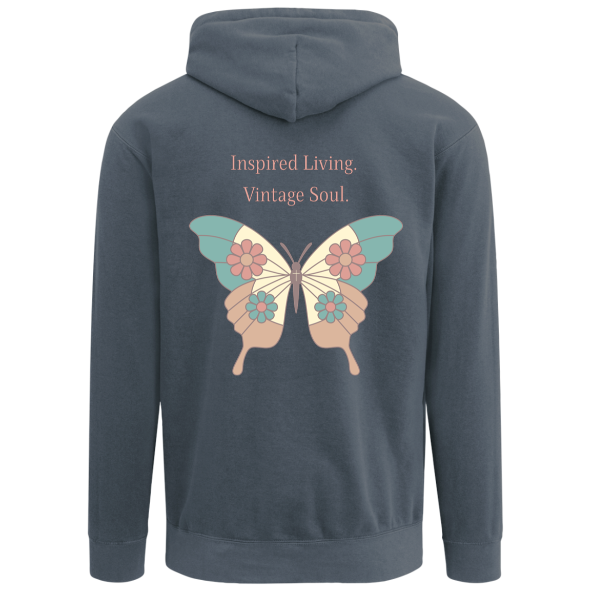 Denim Comfort Colors hoodie featuring a vintage butterfly back print.