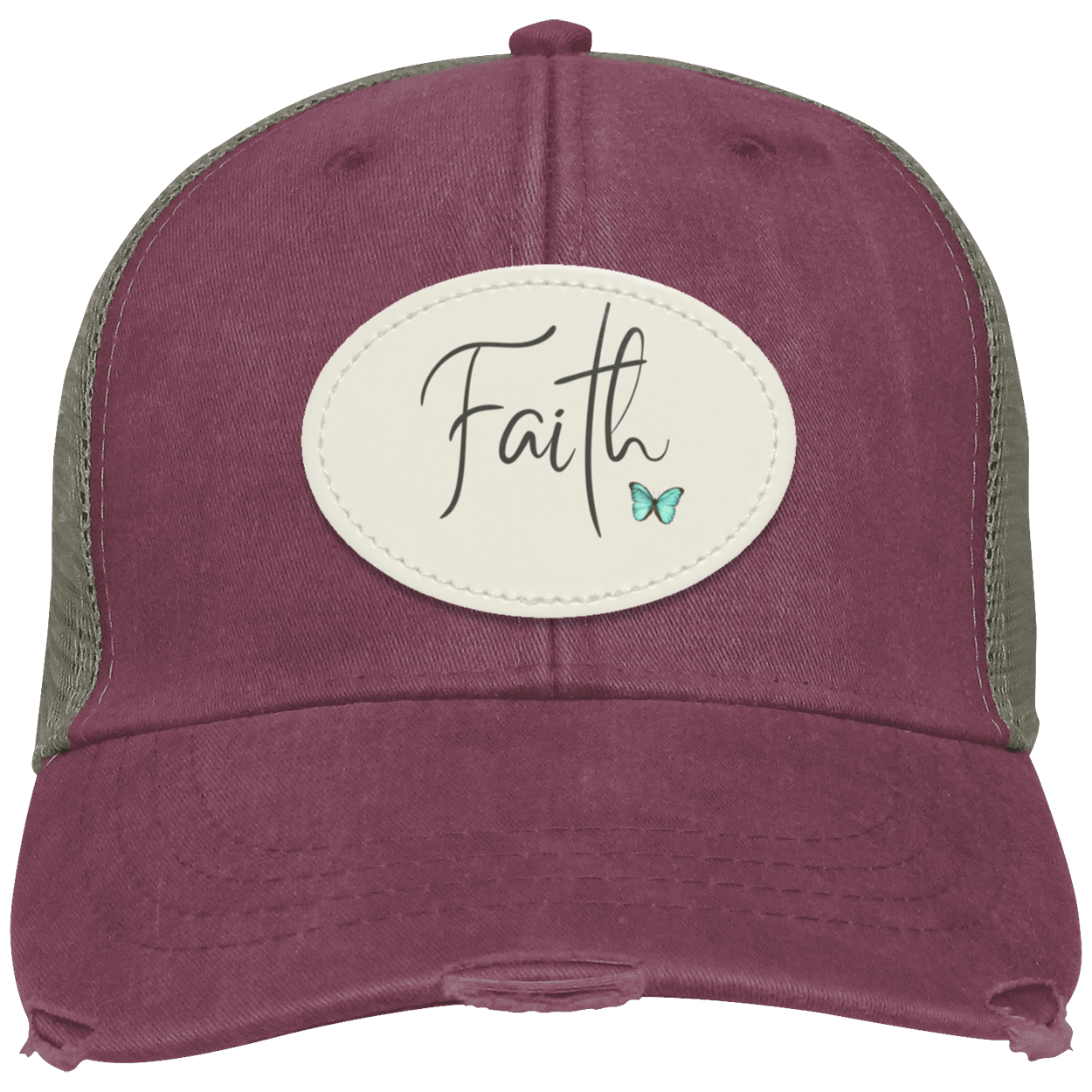 Maroon distressed trucker cap featuring an oval sublimated vegan leather patch with a delicate faith design.