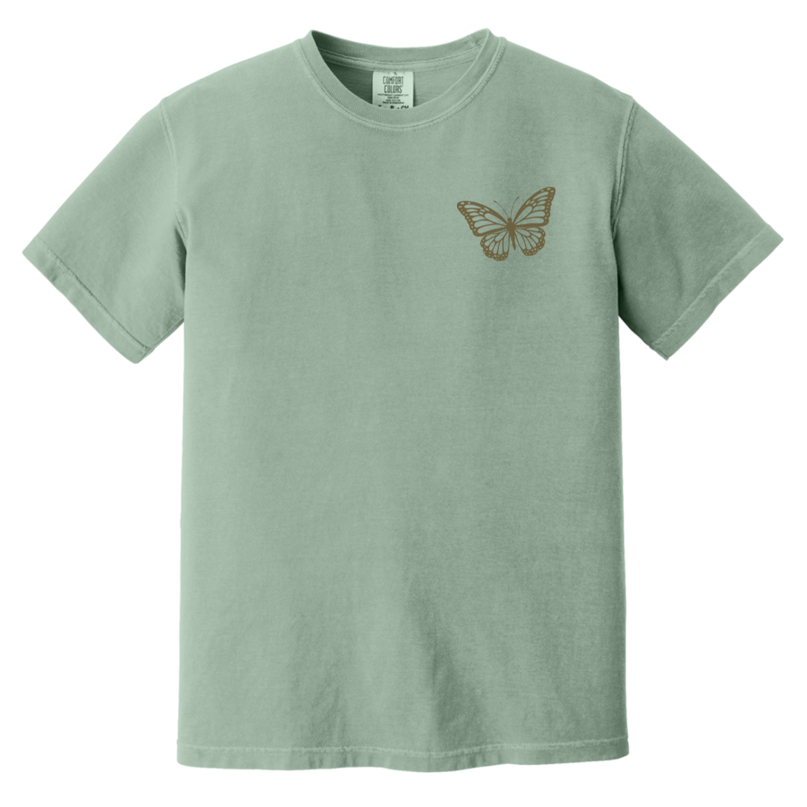 A bay green t-shirt with a small butterfly left chest design.
