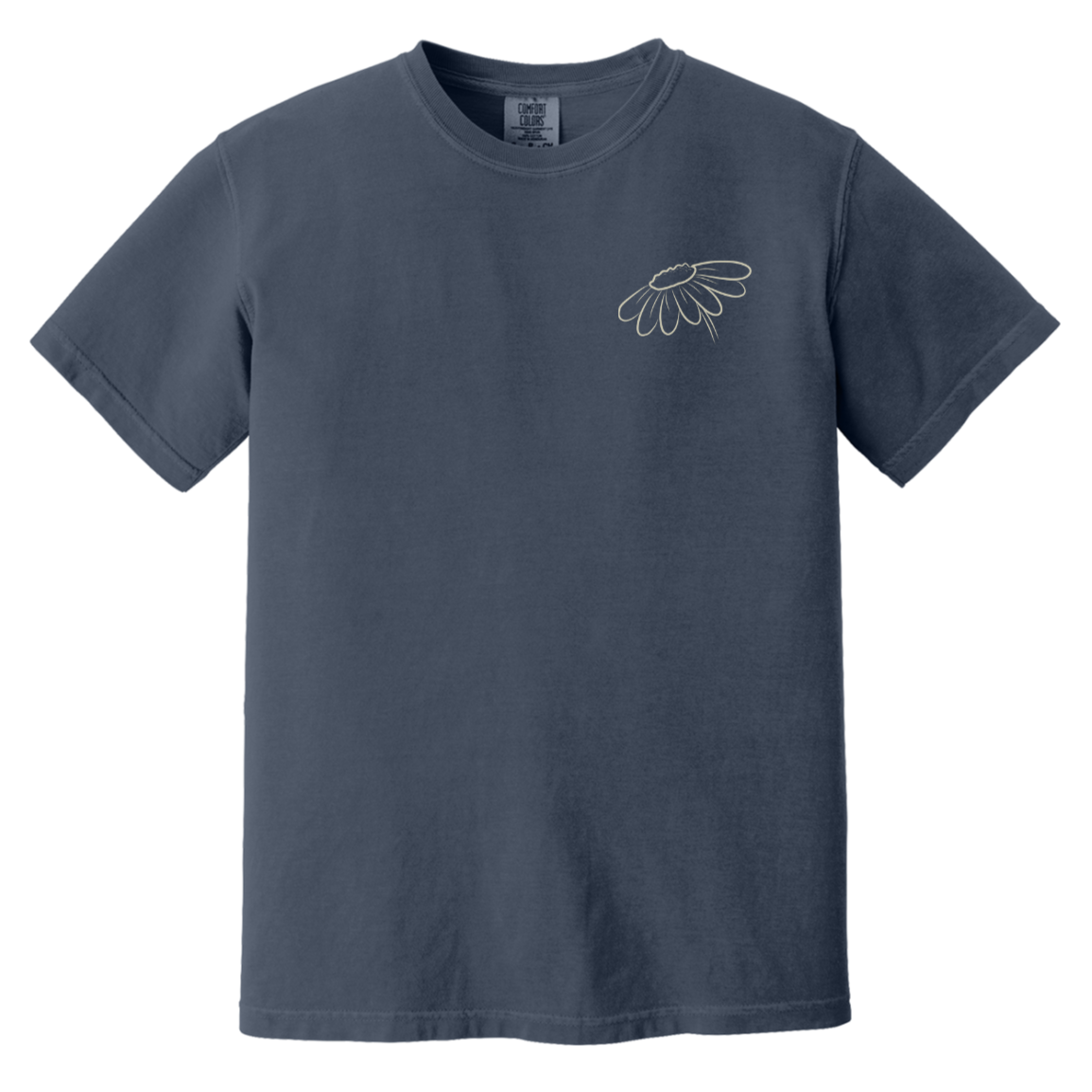 Front of Navy Comfort Colors T-shirt featuring a small outlined wildflower design on the left chest.