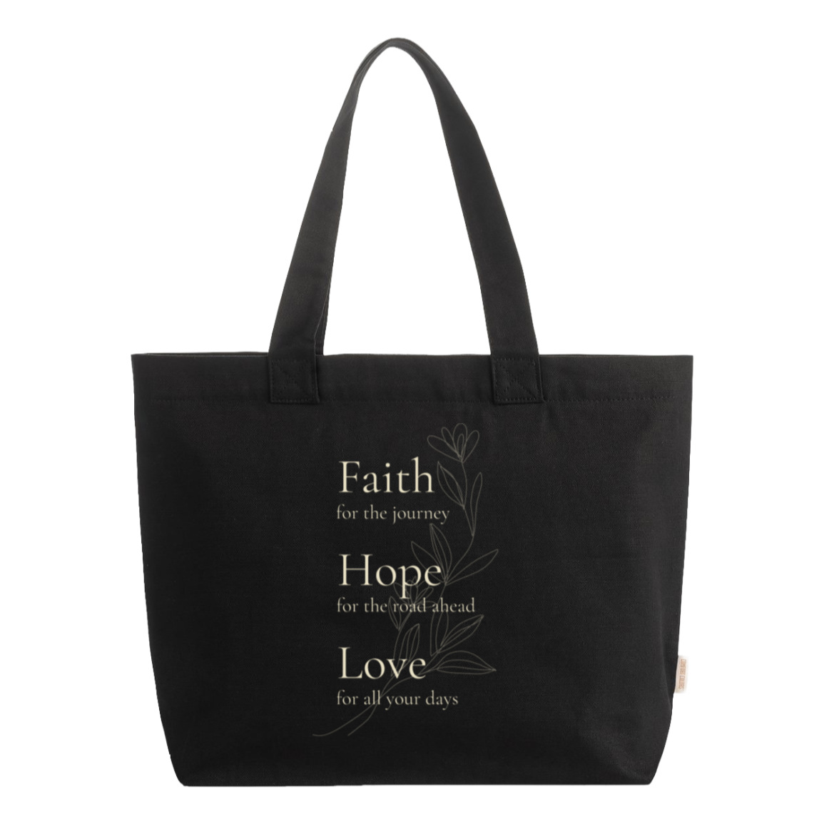 Black Comfort Colors zip tote bag with cream Faith, Hope, Love floral design and inspirational message. Durable canvas tote for everyday use, travel, church, shopping, and gifting.