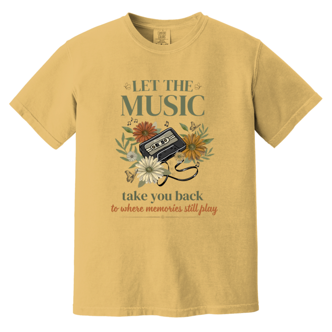 Let The Music Remind Your Soul Comfort Colors mustard yellow vintage music shirt featuring retro cassette tape and floral artwork.