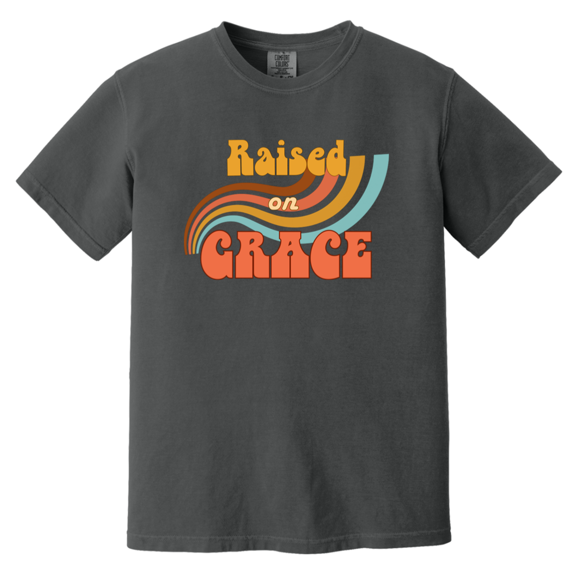 Graphite Comfort Colors T-shirt featuring a colorful retro Raised on Grace Christian design.