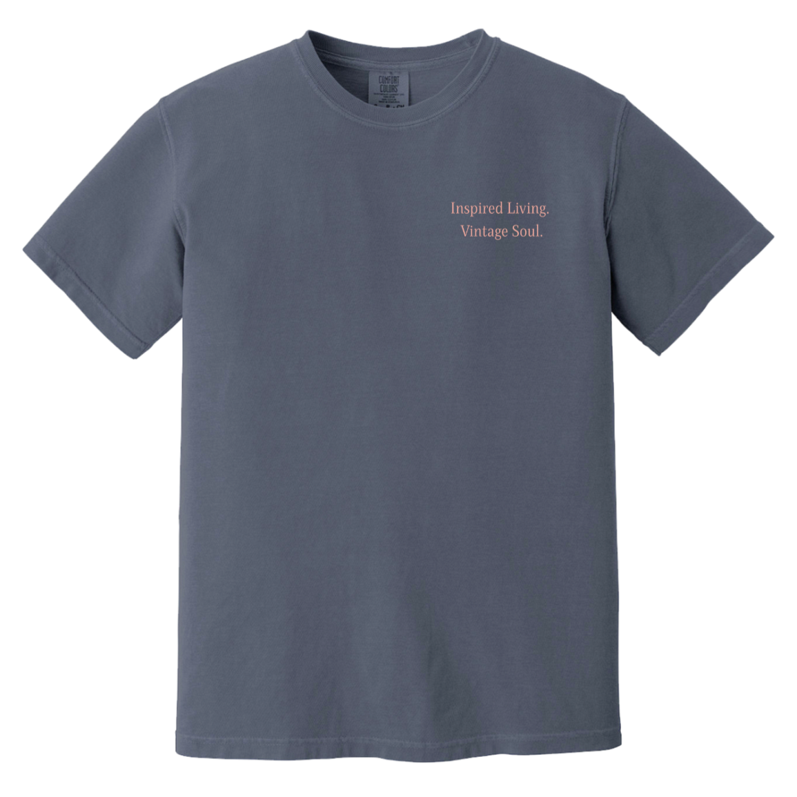 Comfort Colors Denim t-shirt featuring an Inspired Living Vintage Soul left chest design from the Signature Vintage Collection.