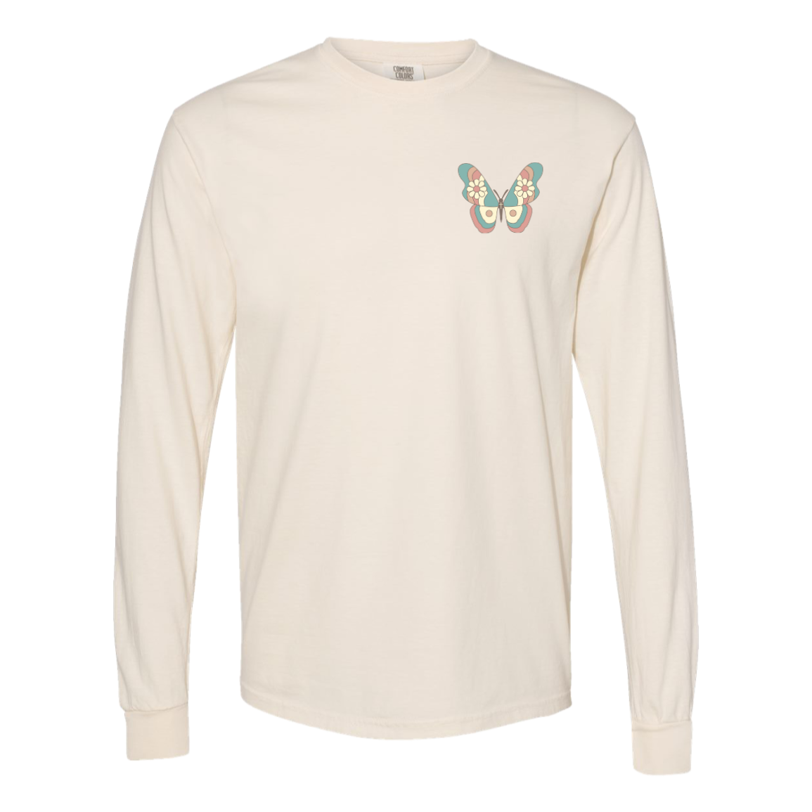 Ivory Comfort Colors long-sleeve tee with a small pastel butterfly design on the front left chest.