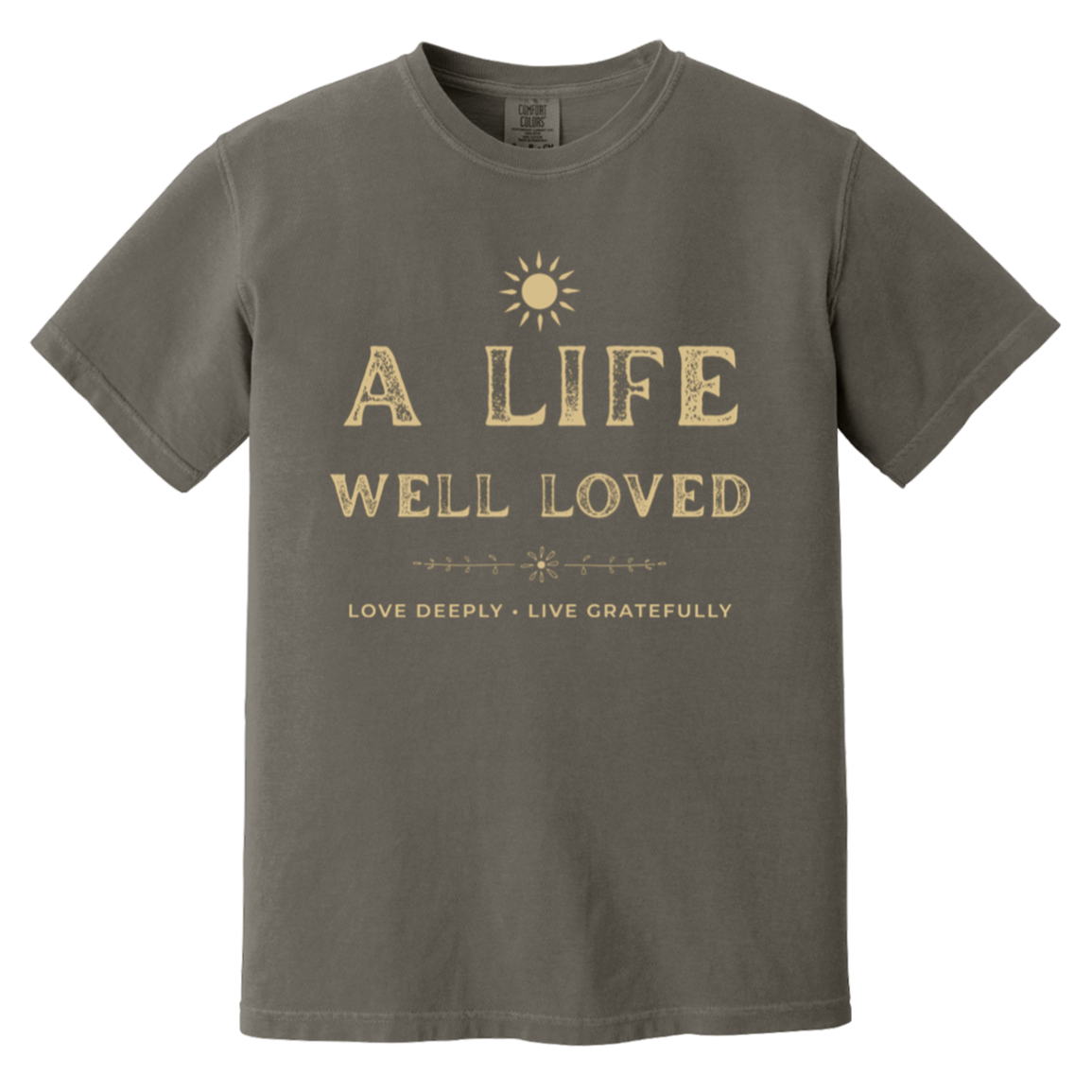 Vintage A Life Well Loved graphic T-shirt in garment-dyed pepper with distressed cream lettering and sun detail