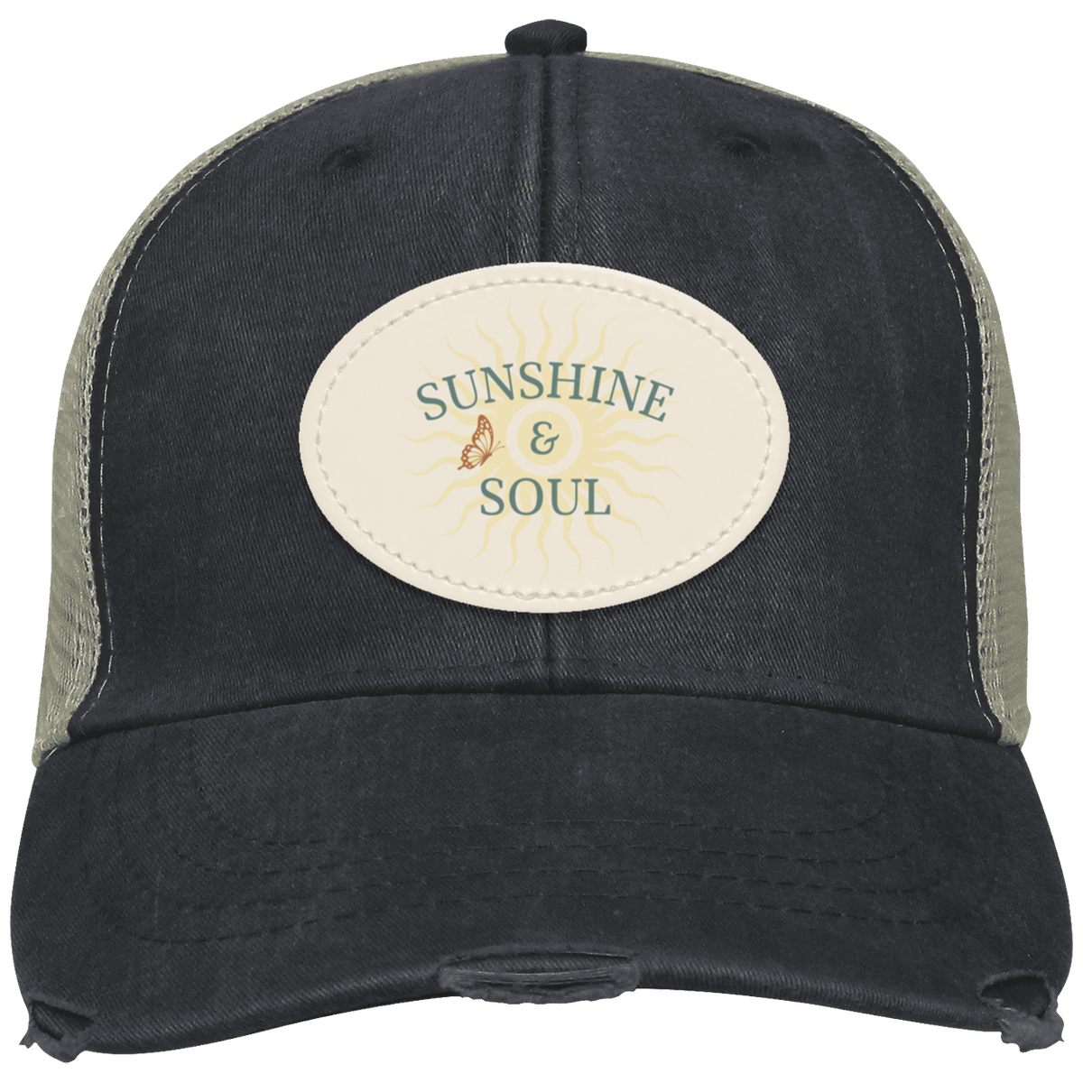 Black vintage distressed trucker cap featuring an oval Sunshine & Soul sublimated vegan leather patch.