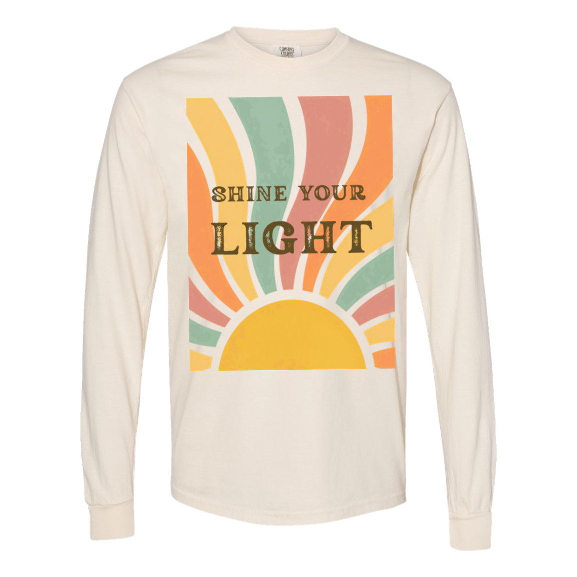 Shine Your Light retro sun Comfort Colors long sleeve tee with vintage yellow, coral, sage and orange sunray graphic
