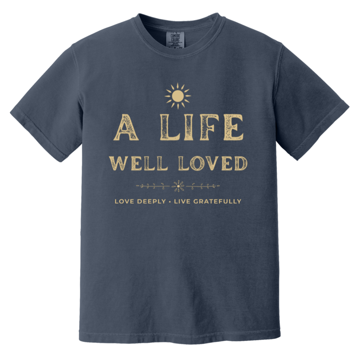 Vintage A Life Well Loved graphic T-shirt in garment-dyed navy with distressed cream lettering and sun detail