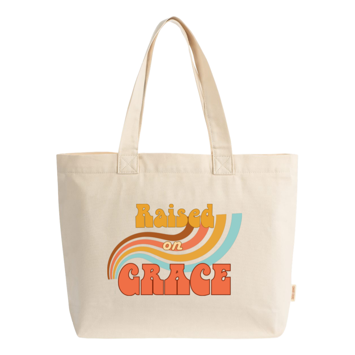 Raised on Grace retro canvas zip tote bag in ivory featuring a vintage rainbow graphic and nostalgic typography inspired by grace, faith, and inspired living.