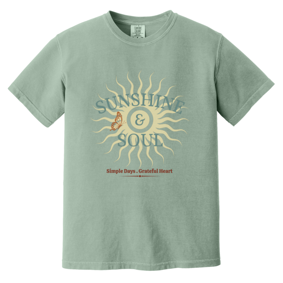 Sunshine and Soul Comfort Colors Bay green t-shirt featuring vintage sun graphic with Simple Days Grateful Heart message in teel green and cream tones