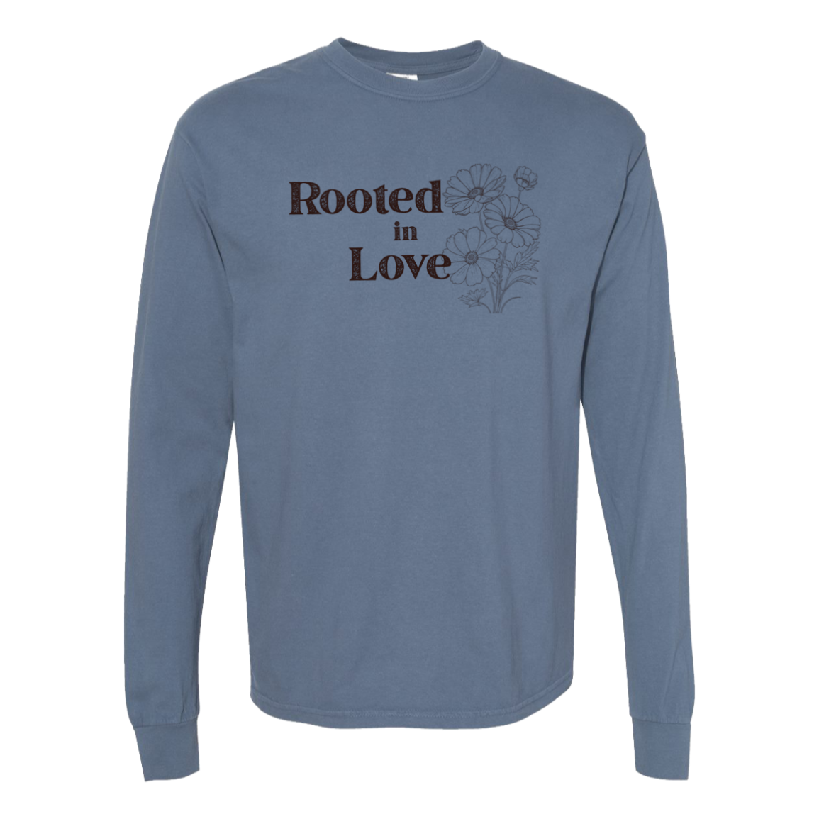 Front view of Comfort Colors Blue Jean long sleeve shirt with Rooted in Love floral graphic