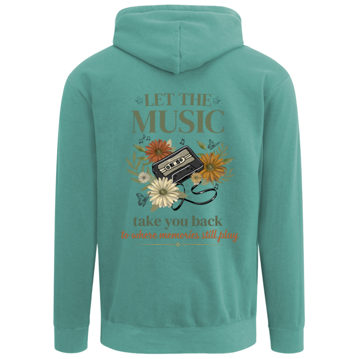Seafoam Comfort Colors hoodie featuring nostalgic cassette tape and floral graphic design on the back.