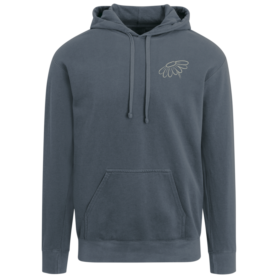 Denim Comfort Colors hoodie featuring the vintage Faith Like a Wildflower back print with matching left chest wildflower.