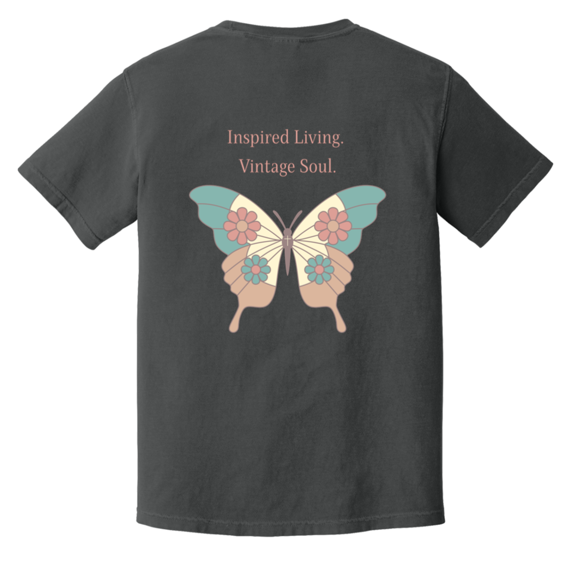 Comfort Colors Graphite t-shirt featuring a large vintage butterfly design and Inspired Living Vintage Soul message on the back with coordinating left chest detail.