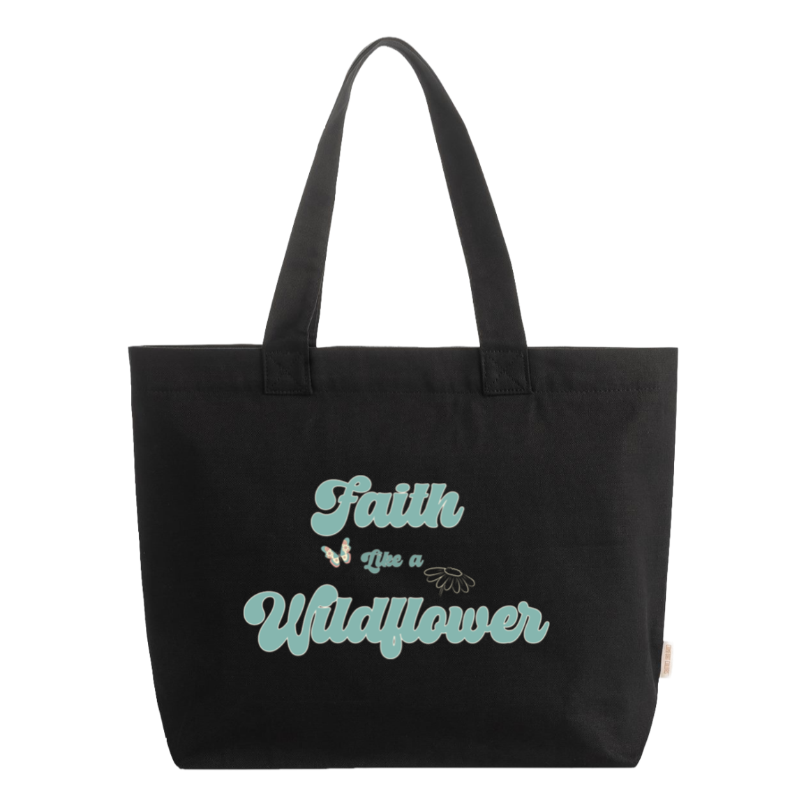 Black canvas zip tote bag featuring a teal Faith Like a Wildflower inspirational design.
