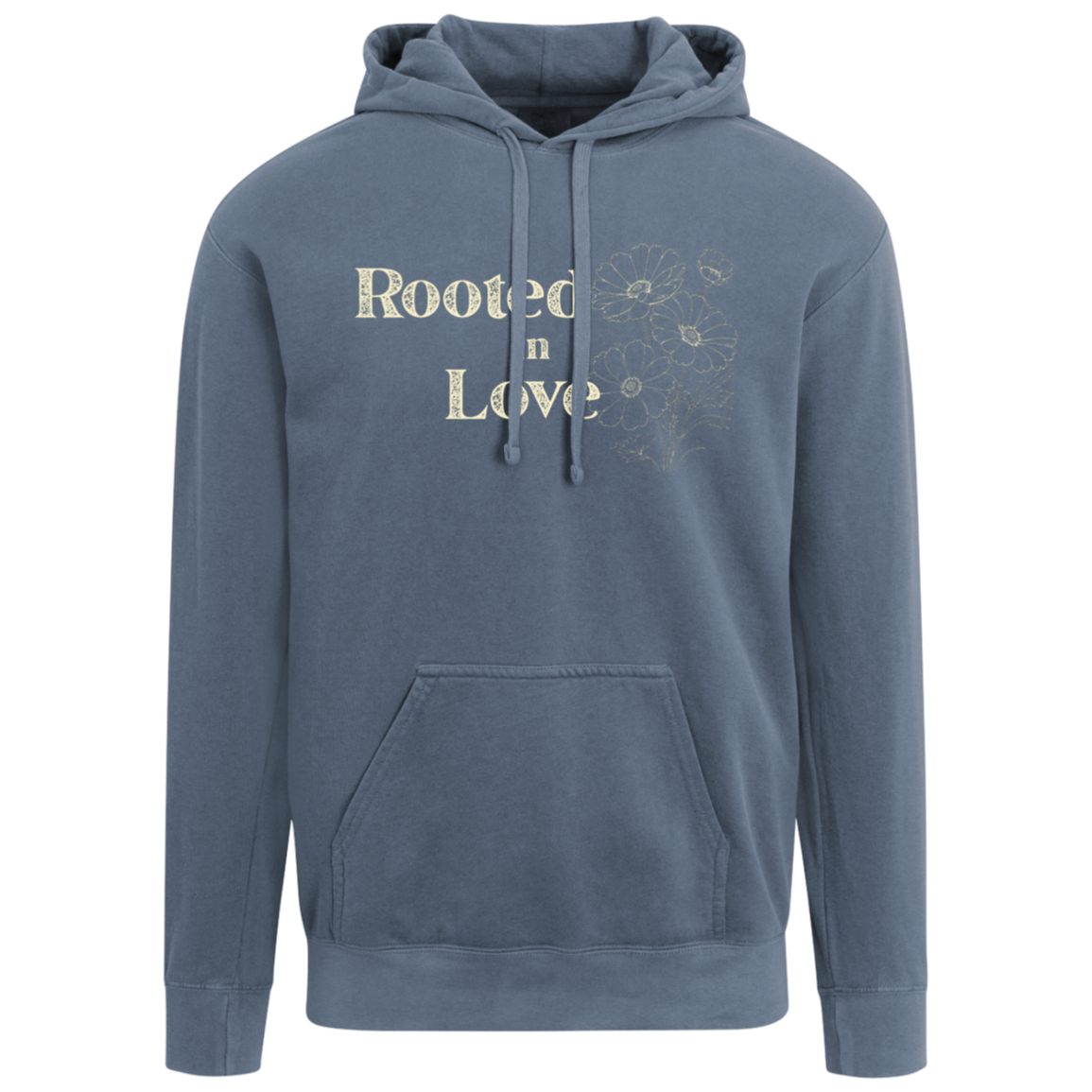 A Blue Jean Comfort Colors hoodie displaying the Rooted in Love botanical front design.