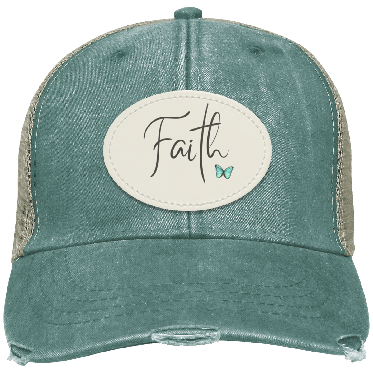 Forest distressed trucker cap featuring an oval sublimated vegan leather patch with a delicate faith design.