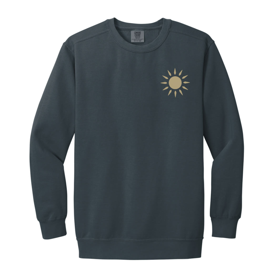A denim crewneck sweatshirt with a small gold sun graphic on the left chest.