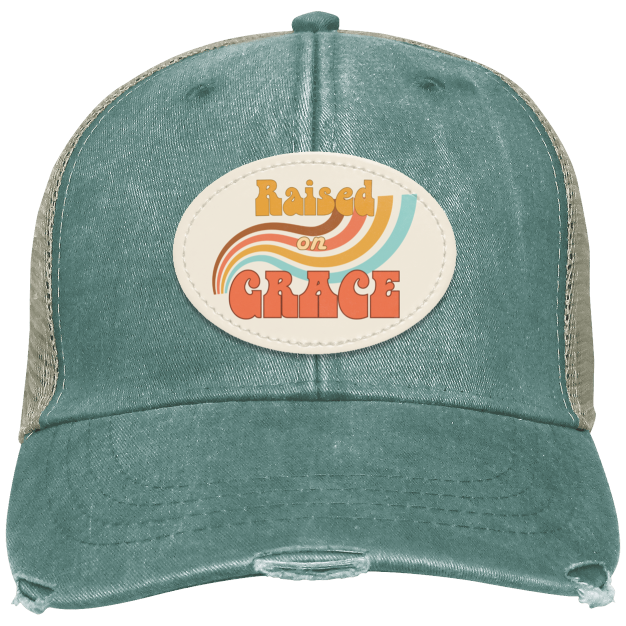 Raised on Grace distressed forest green trucker hat with a retro oval vegan leather patch and vintage-inspired faith design.