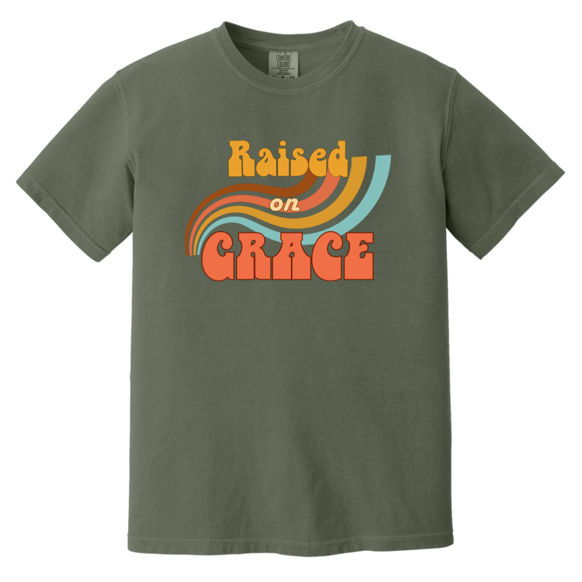 Sage Comfort Colors T-shirt featuring a colorful retro Raised on Grace Christian design.