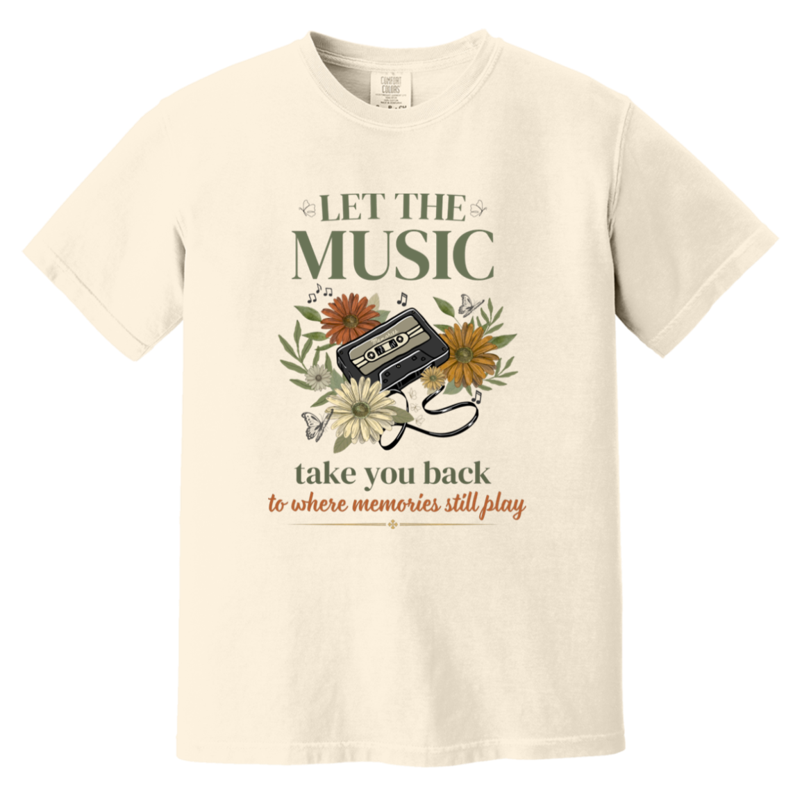 Let The Music Remind Your Soul Comfort Colors ivory shirt featuring vintage cassette tape artwork with florals and nostalgic music-inspired design.