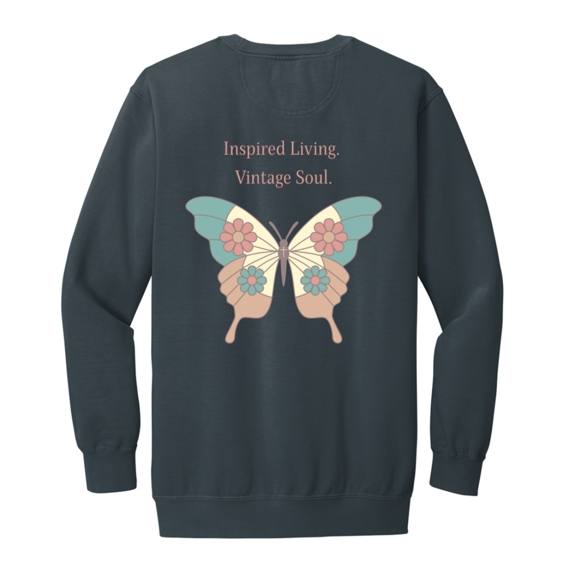 Denim Comfort Colors crewneck sweatshirt featuring original butterfly artwork.