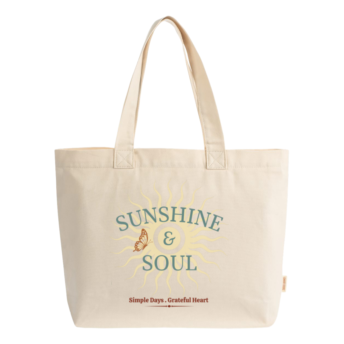 Ivory canvas zip tote bag featuring a vintage-style golden sun and green Sunshine and Soul lettering.