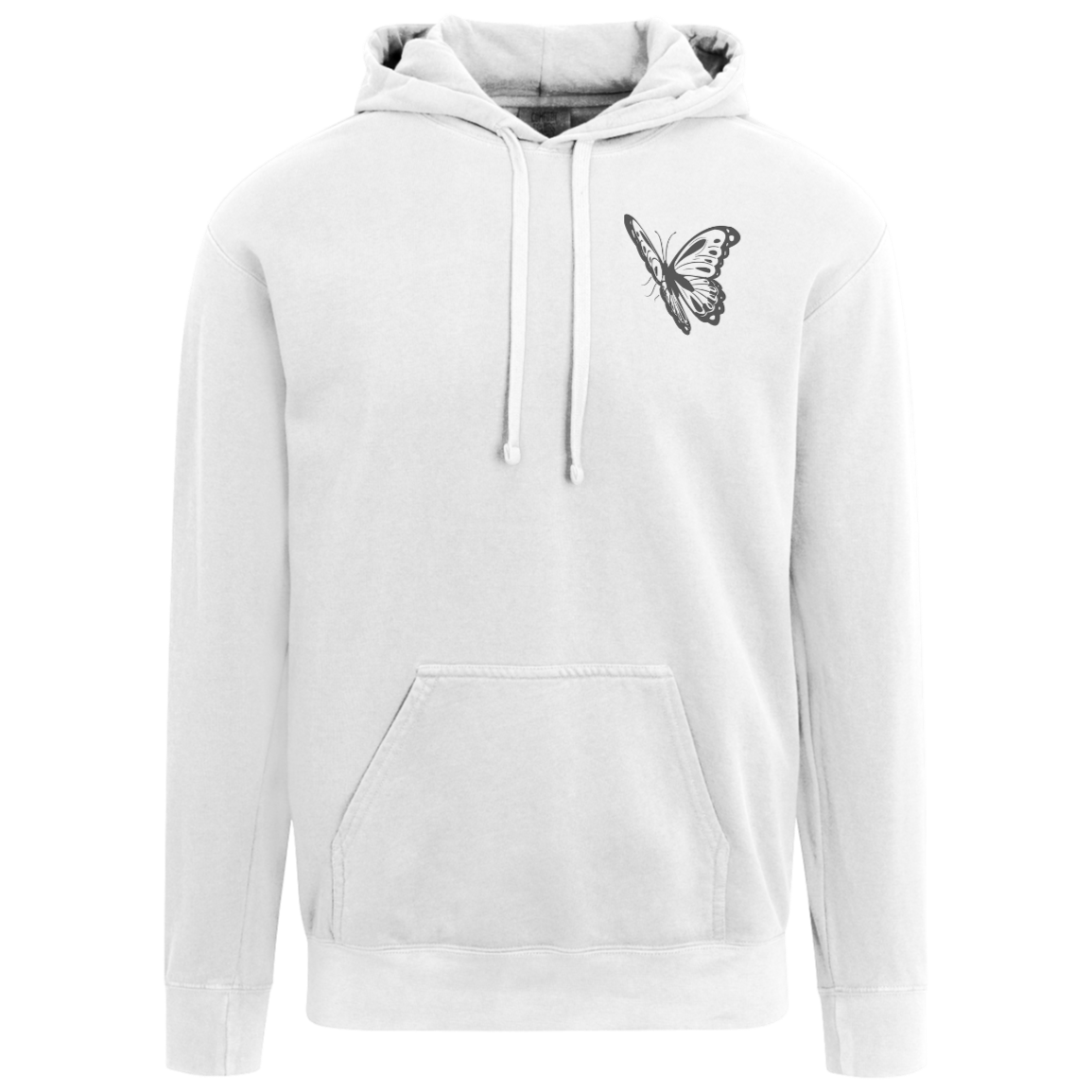 White Comfort Colors hoodie featuring butterfly left chest detail from the Signature Vintage Collection.