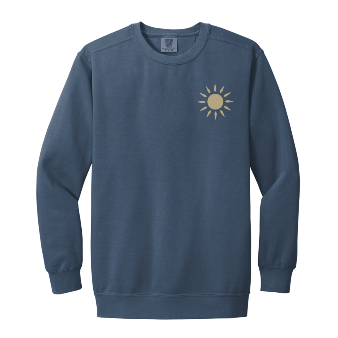 Vintage garment-dyed crewneck sweatshirt with small sun graphic on front left chest
