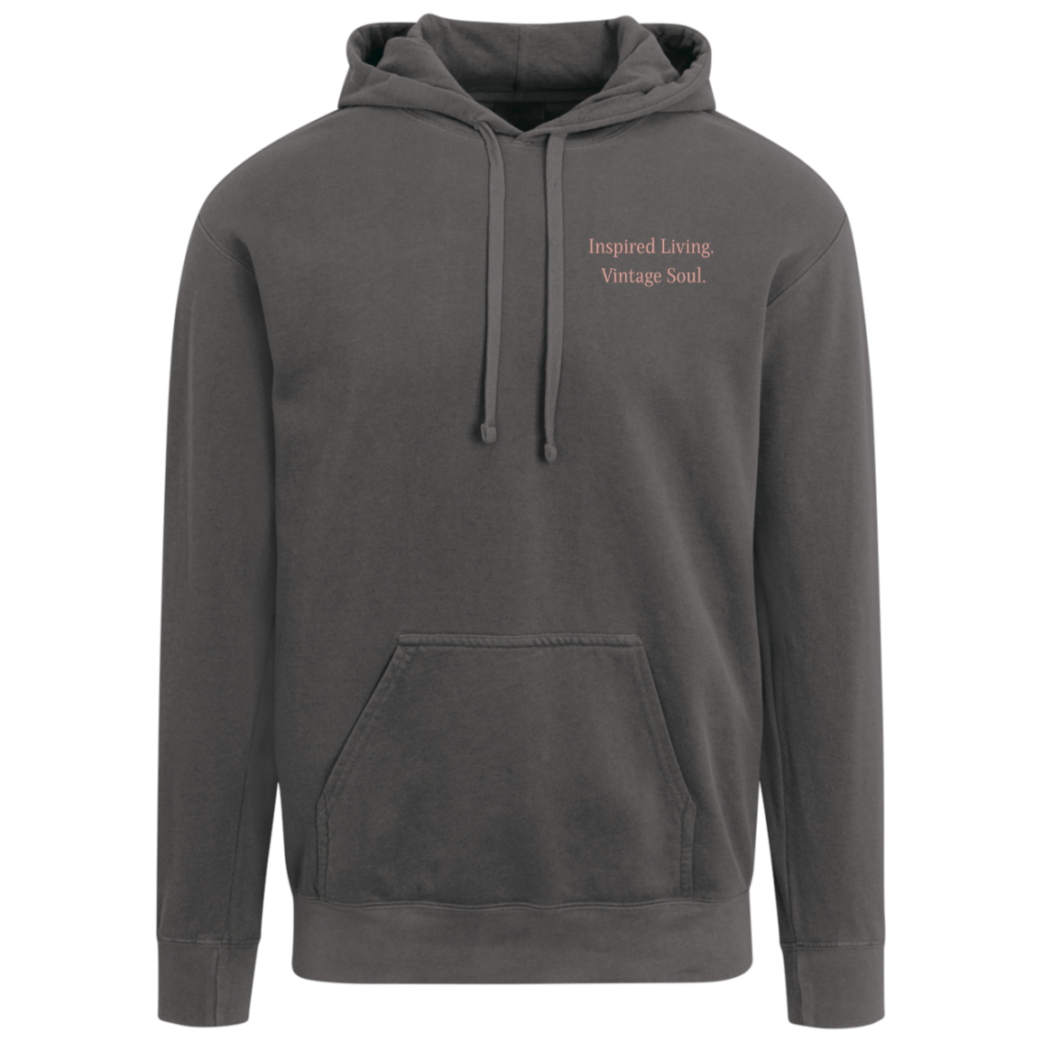 Pepper Comfort Colors hoodie with subtle left chest Inspired Living Vintage Soul design.
