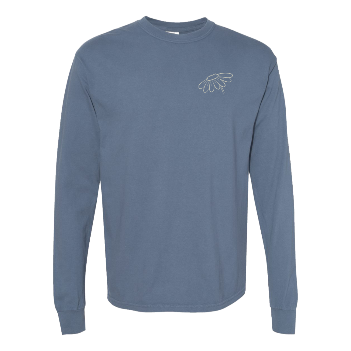 Blue Jean Comfort Colors long sleeve with matching left chest artwork.