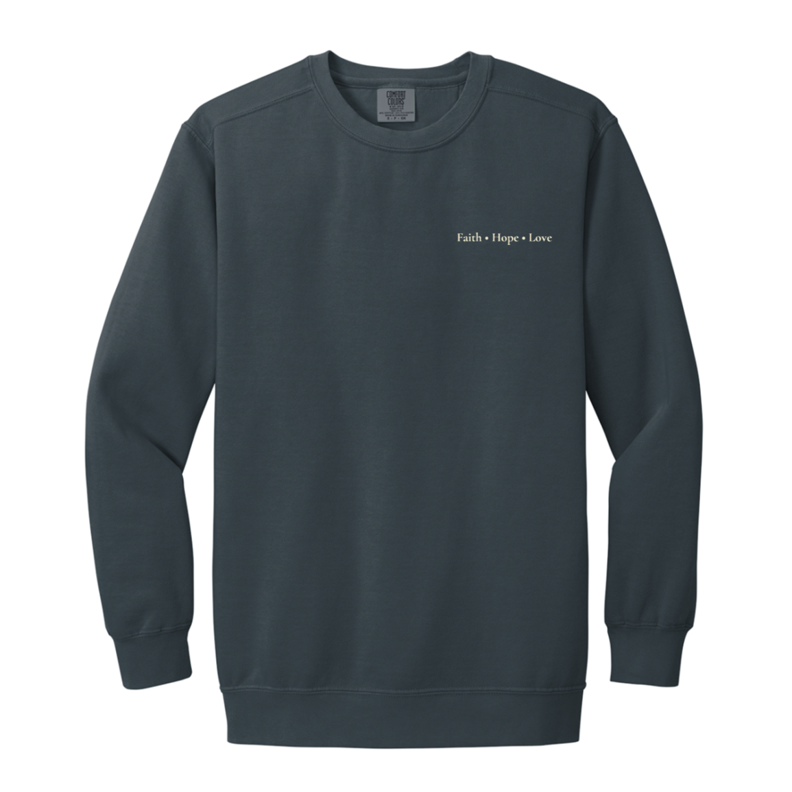 Front of Denim Blue Comfort Colors Christian crewneck sweatshirt featuring a small Faith Hope Love left chest design.
