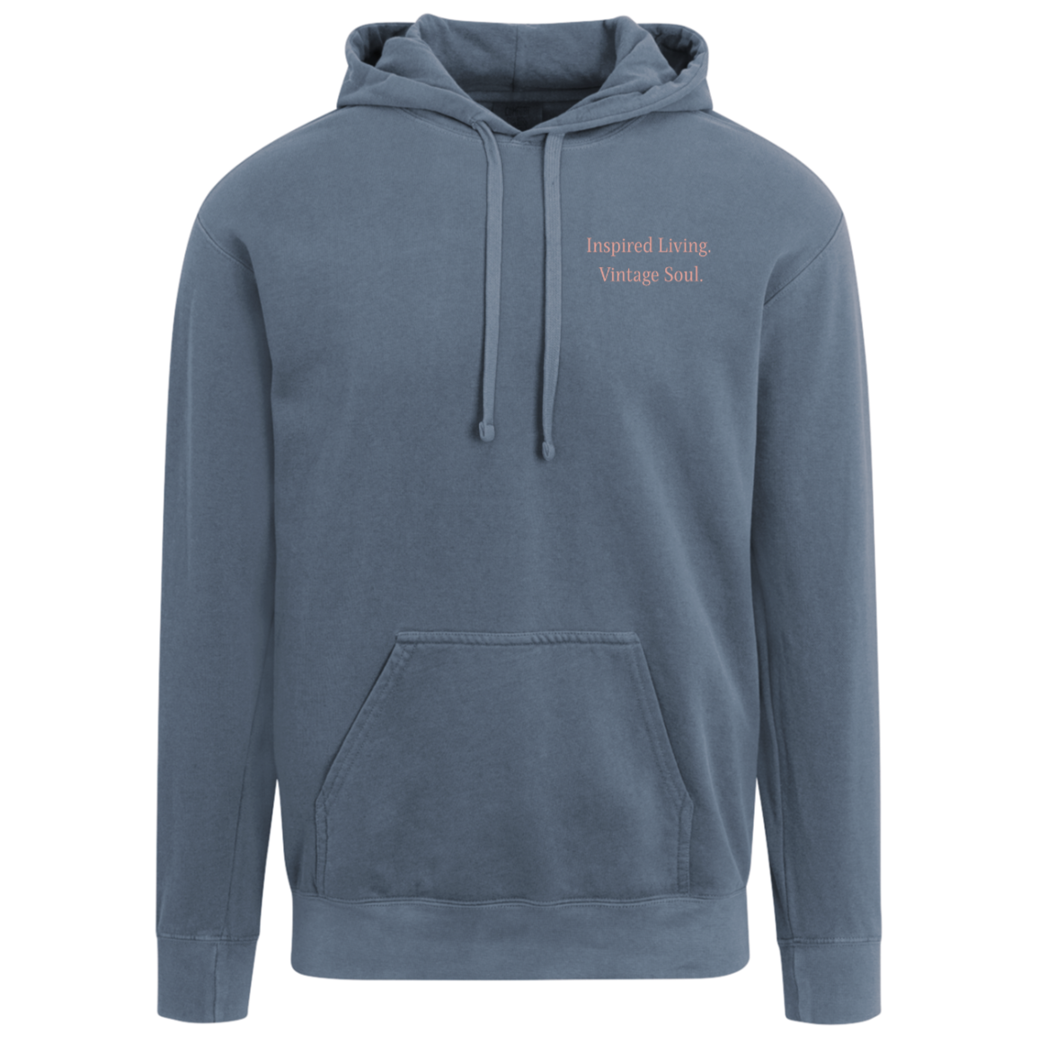 Blue Jean Comfort Colors hoodie with left chest signature design.