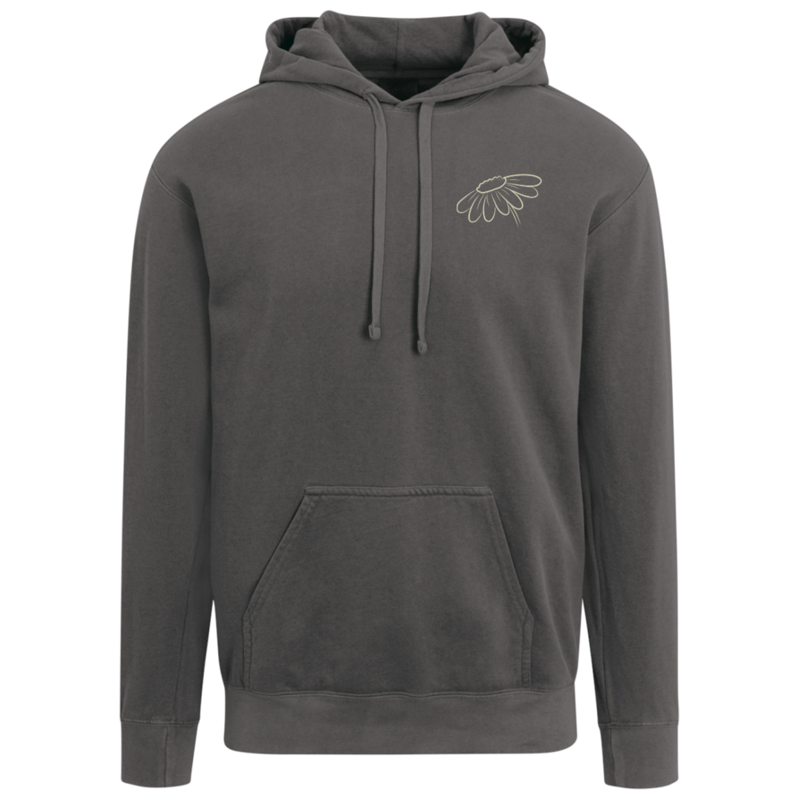 Pepper Comfort Colors hoodie featuring the vintage Faith Like a Wildflower back print with matching left chest wildflower.
