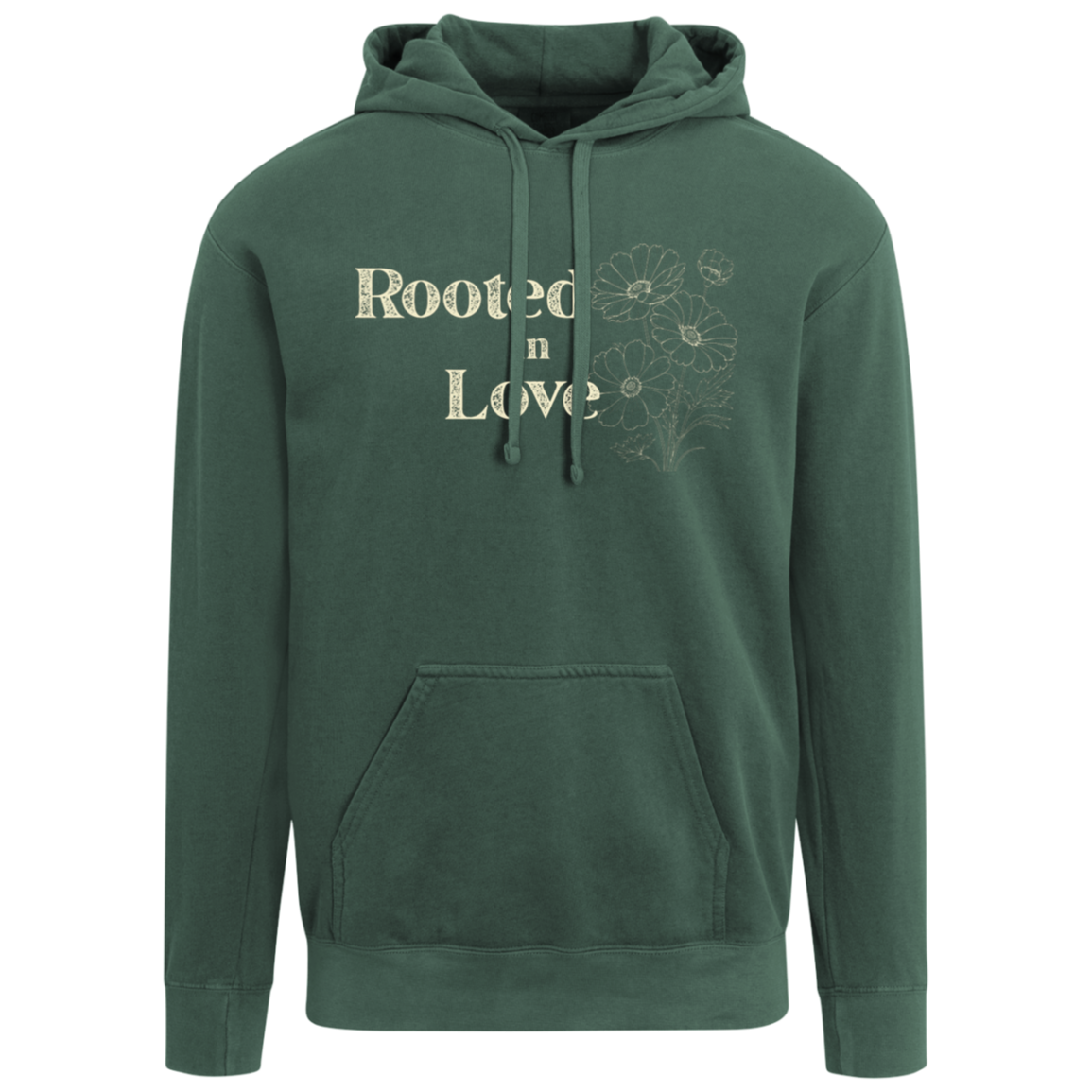 A Blue Spruce Comfort Colors hoodie displaying the Rooted in Love botanical front design.