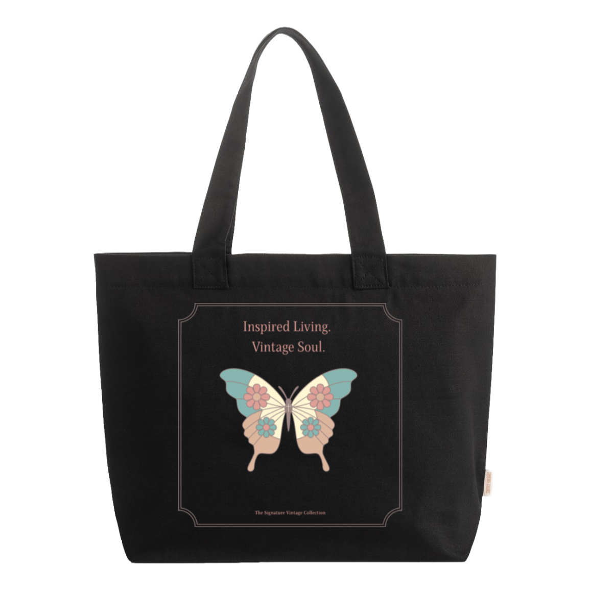 Black Comfort Colors tote bag with vintage floral butterfly and cross design, Inspired Living Vintage Soul