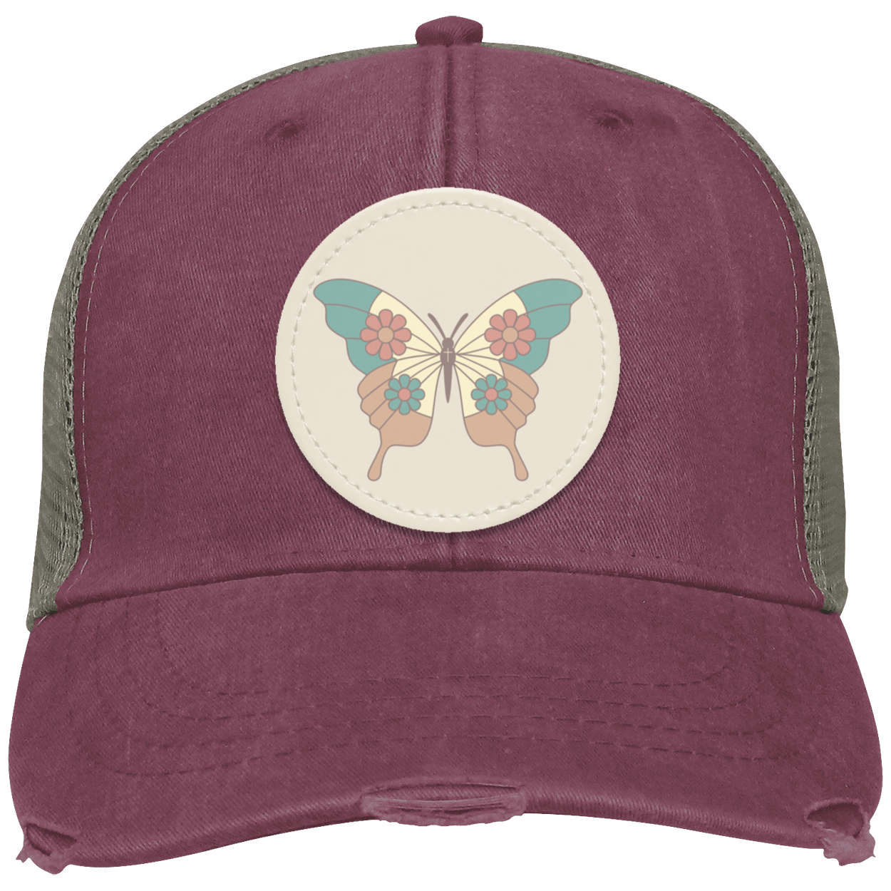 Maroon Vintage distressed trucker hat featuring a cream butterfly patch on the front in a timeless vintage style.