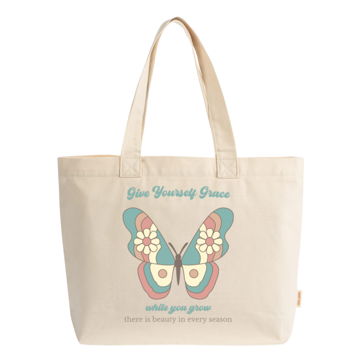 Ivory Vintage floral butterfly canvas zip tote featuring the inspirational message "Give Yourself Grace While You Grow, There Is Beauty in Every Season."