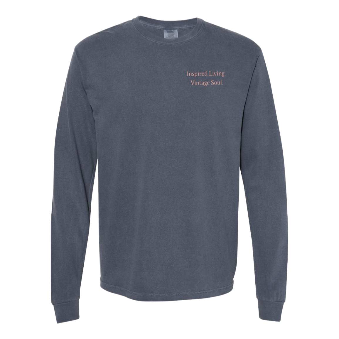 Navy Comfort Colors long sleeve with coordinating Inspired Living Vintage Soul left chest print.