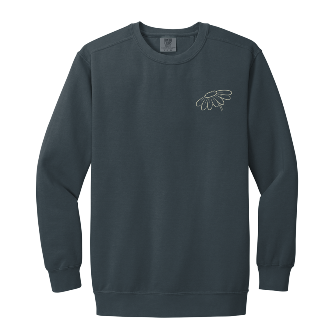 Denim Comfort Colors sweatshirt with vintage floral back print and coordinating left chest wildflower.