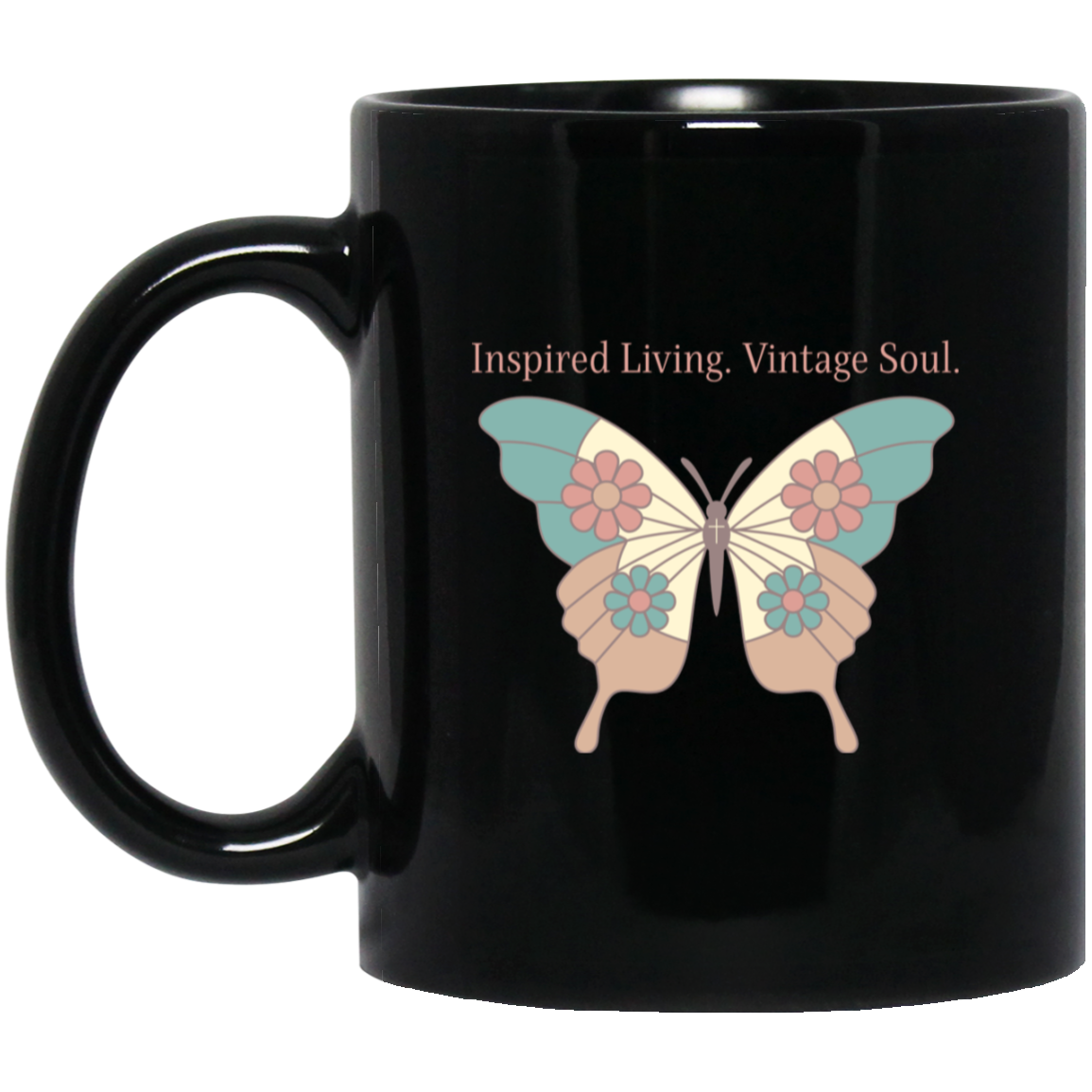 Vintage butterfly coffee mug featuring Inspired Living. Vintage Soul. text with teal, coral, and cream butterfly artwork on a black ceramic mug.