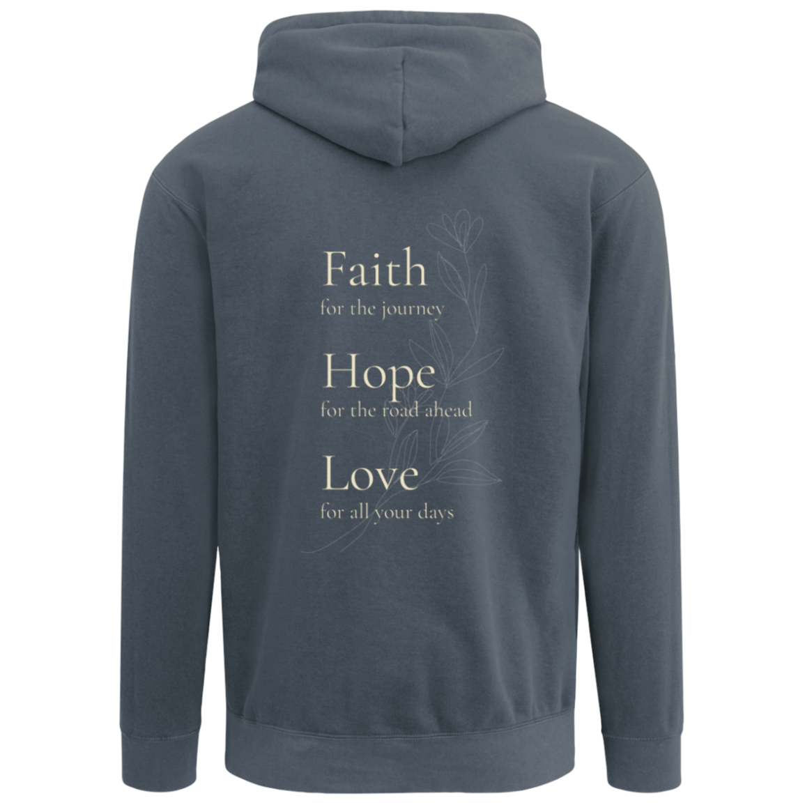 Back of Denim Comfort Colors Christian hoodie featuring a Faith Hope Love botanical design.