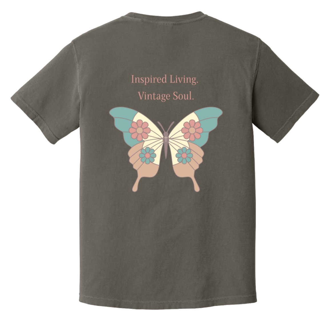 Comfort Colors Pepper t-shirt featuring a large vintage butterfly design and Inspired Living Vintage Soul message on the back with coordinating left chest detail.