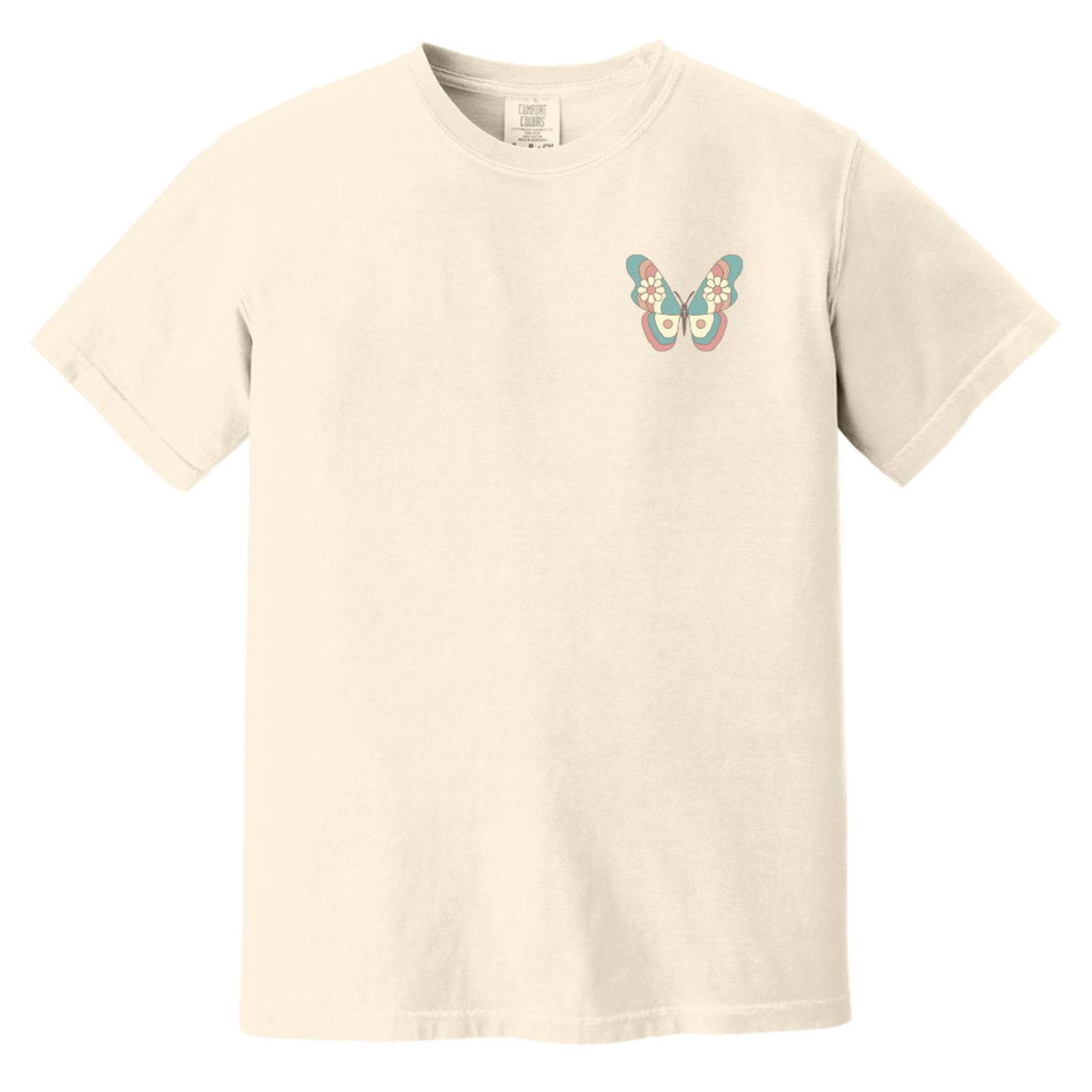 Ivory Comfort Colors T-shirt with a small pastel butterfly design printed on the front left chest.