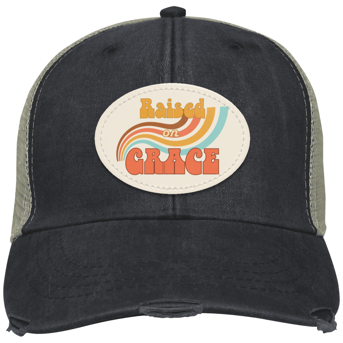 Raised on Grace distressed black trucker hat featuring a retro oval vegan leather patch with vintage typography.